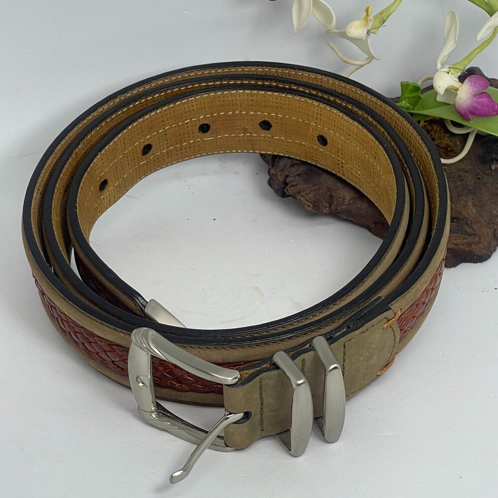 Tommy Bahama Men's Braided Woven Leather Belt w/ Brass Buckle -Brown/Tan-Size 42